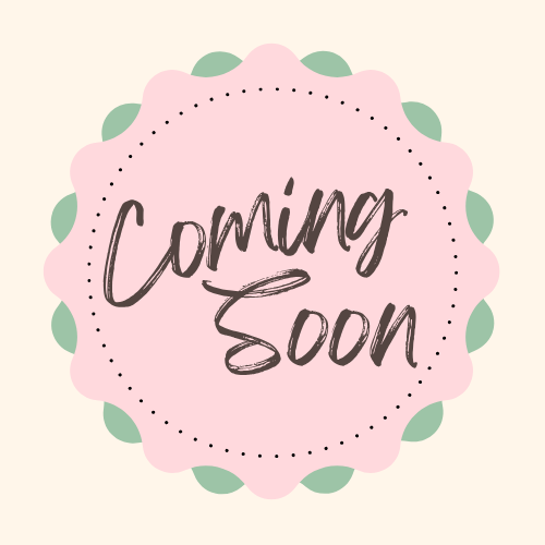 Pink circular 'Coming Soon' sign with green leaf patterns on a beige background