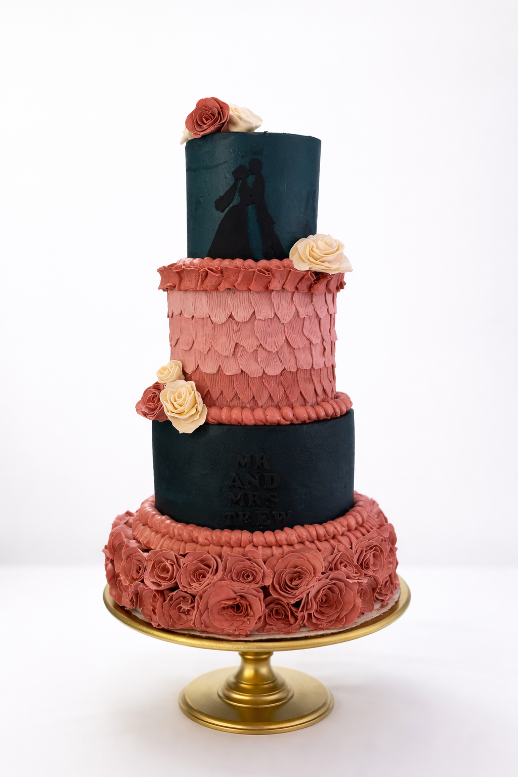 Four Tiered Navy and Pink Wedding Cake with pink and white fondant flowers, decorative silhouette and custom writing. 