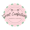 Logo for Sweet Confections with a pink border and green leaves on a white background